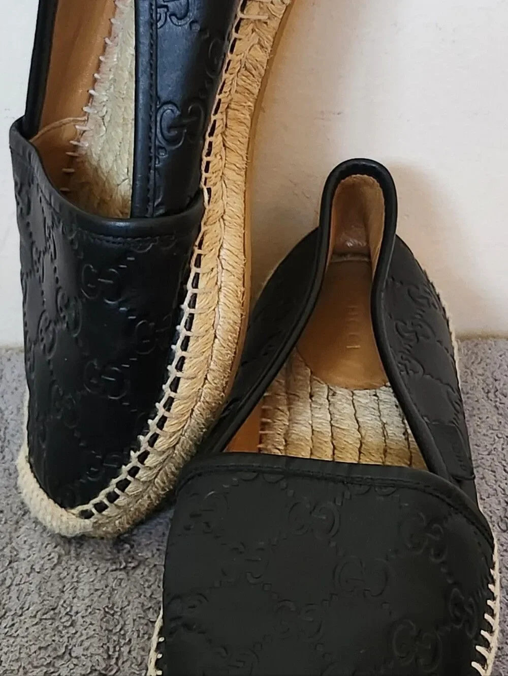 Gicci Leather Embroidered Monogram Black Espadrille Flats